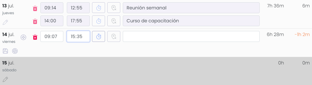 Pantalla de edición manual de eventos