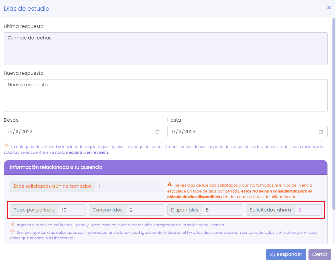 Topes de licencia - Vista del colaborador