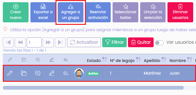 Pantalla de usuario nuevo