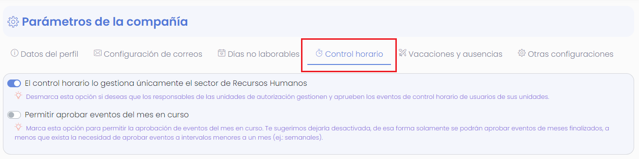 Configuraciones globales del control horario